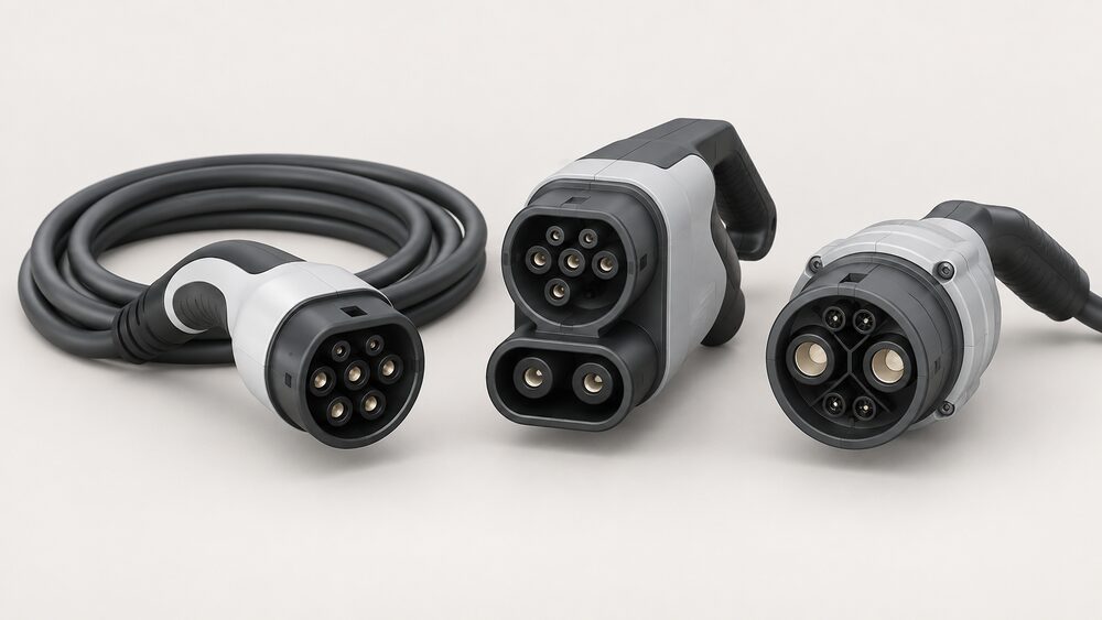 A close-up still life of three charging plugs resting on a plain surface: a Type 2 connector on a coiled Mode 3 cable, a CCS combined connector, and a round four-pin CHAdeMO plug, arranged side by side with no charger unit or car visible.