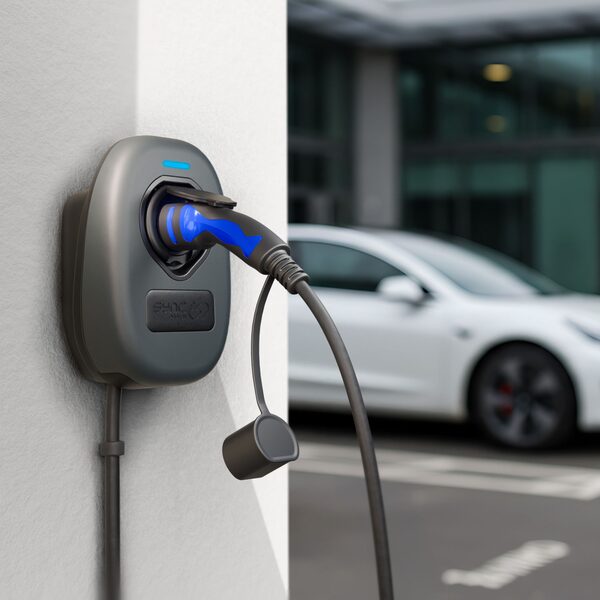 A Sync Energy wall-mounted EV charge point with a Type 2 charging cable plugged in, a white electric car parked in the background