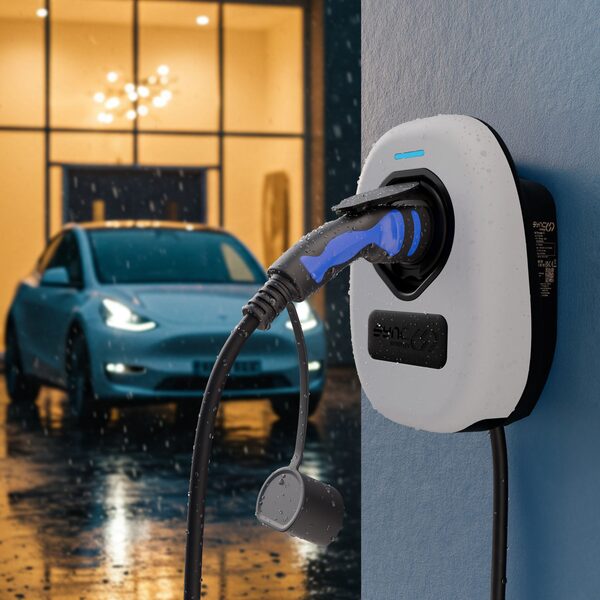 A Sync Energy wall-mounted EV charger with a blue charging cable plugged in, in the rain outside a lit house with an electric car parked behind