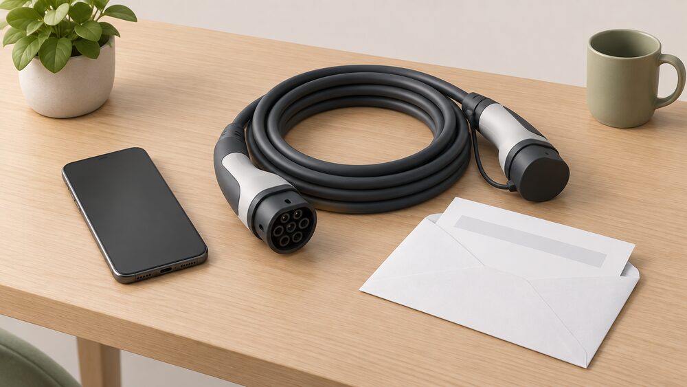 A smartphone with a blank screen lying on a table beside a coiled electric-car charging cable, a car key and a plain envelope holding an energy bill, suggesting the moment a driver sets up smart charging.