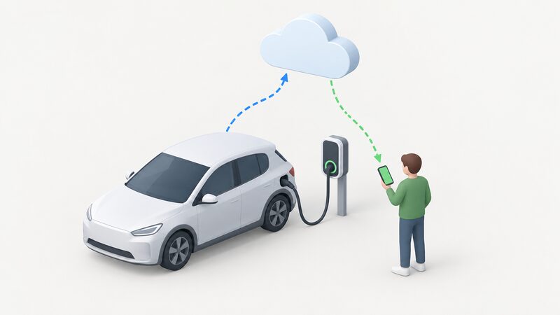 A simplified isometric scene of an electric car connected to a home chargepoint, with a plain cloud-shaped platform above receiving a dotted data line from the car and returning a second dotted line carrying the charging schedule down to a smartphone held by a figure beside the car.