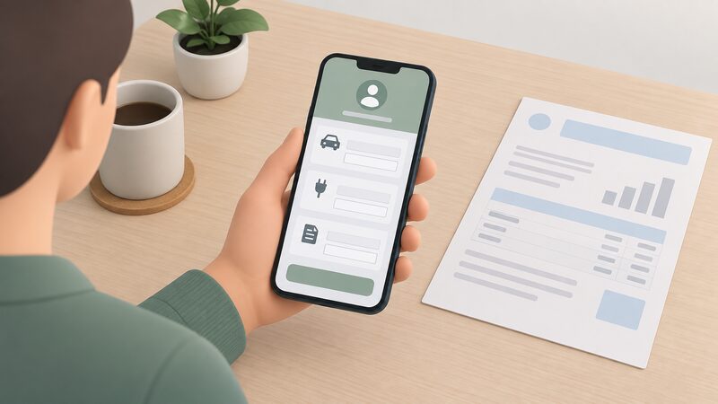 A hand holding a smartphone showing the account section of a smart charging app, with blank entry fields for vehicle, charger and energy tariff details, resting on a table beside a recent energy bill.