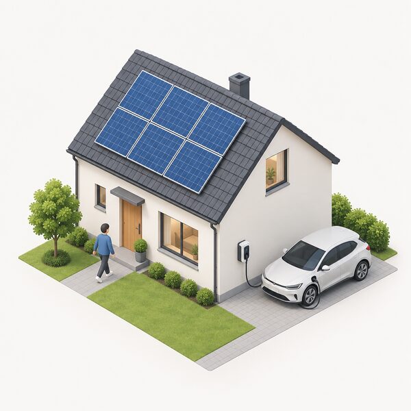 A small isometric house with a wall-mounted electric vehicle charger on the outside wall connected by a cable to a parked car, and solar panels on the pitched roof.