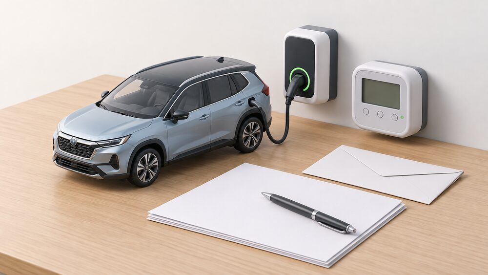 A small model of a plug-in hybrid car parked beside a small model of a wall-mounted EV charge point and a smart meter, arranged on a table with blank contract paperwork, an envelope and a pen.