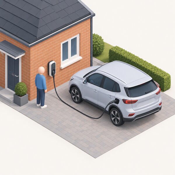 A small isometric figure stands beside a wall-mounted EV charger fitted to the outside brick wall of a house, with a cable running from the charger toward a parked plug-in hybrid car on the drive, showing the equipment EV tariffs require alongside a smart meter.