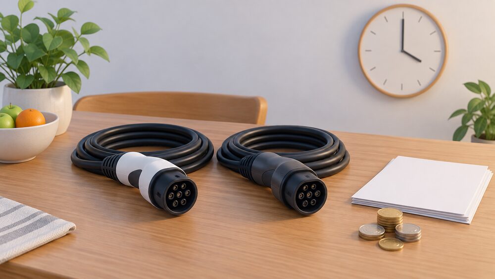 Two electric car charging plugs with their cables coiled side by side on a kitchen table, next to blank household paperwork, a small stack of coins and a wall clock showing an overnight hour, all seen close up.