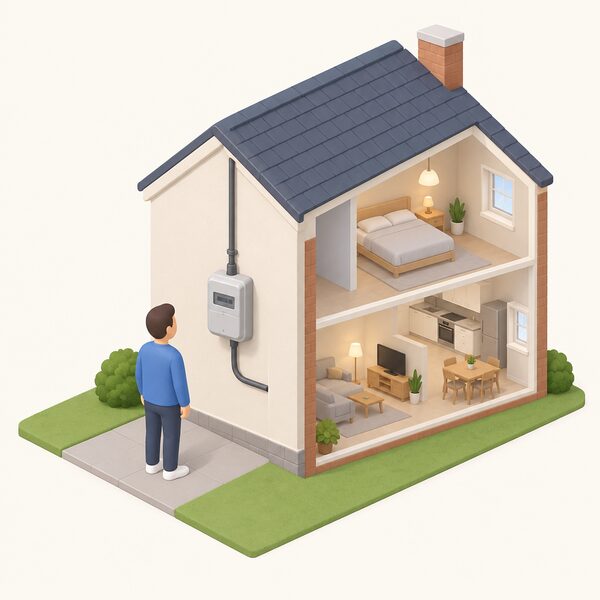 A single home electricity meter mounted on an outside wall, with one supply cable entering it and one cable running into the house, beside a simplified isometric figure of a householder looking at it, showing that the whole home runs on one meter and therefore one tariff.