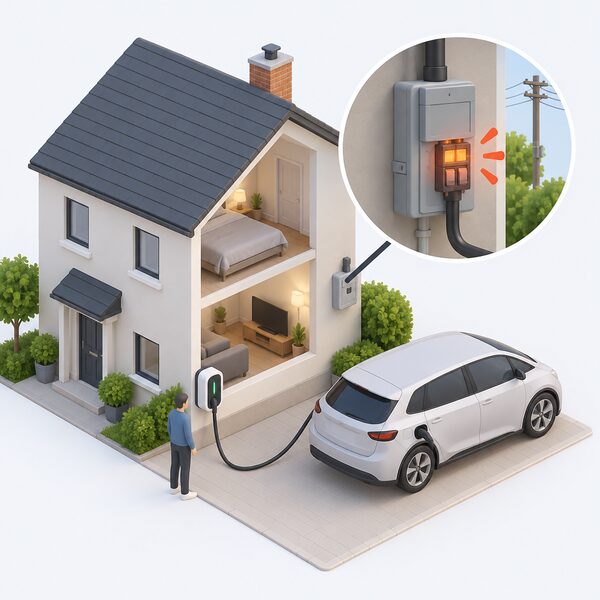 A wall-mounted EV charger on the outside of a house with a cable running to a parked electric car, alongside a cutaway view of the home's electricity supply connection being strained by the extra charging demand.