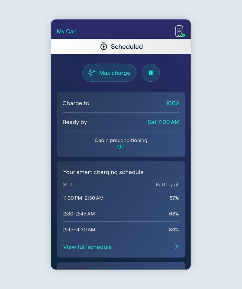A screenshot of the Ohme app's scheduled smart charging screen showing charge target, ready-by time and charging schedule slots