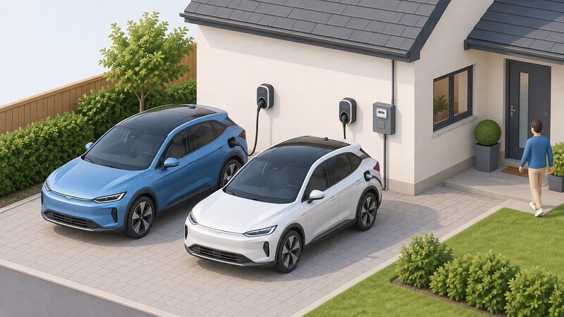 A home driveway with two electric cars parked side by side, each plugged in by a cable to its own wall-mounted charge point on the house wall, with a smart meter box on the same wall connecting to the house supply.