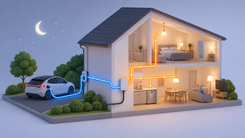 A simplified house cutaway showing the electricity supply splitting into two paths: one leading to an electric car charging on a driveway at night, and another leading to household appliances such as a dishwasher and lights, with the car path marked as the cheap-rate line and the house path as a standard-rate line.