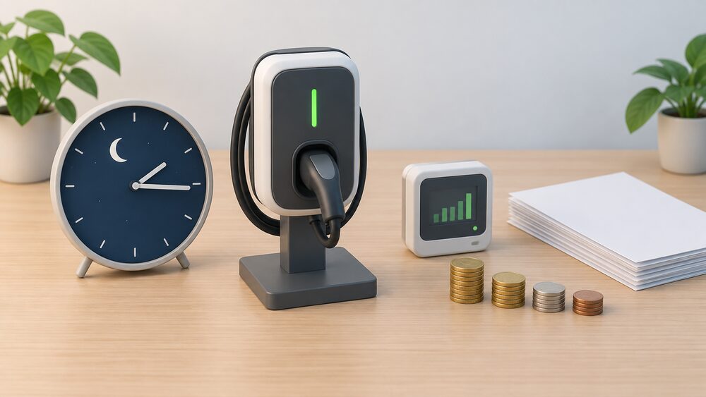 A small model of a home wall-mounted EV charge point on a stand sits centrally on a table beside a round clock face showing a night hour, a neat stack of blank paperwork, a small model smart meter and a short row of coins, all arranged as a household comparing charging costs.