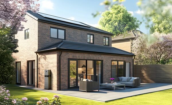 A modern brick house with solar panels on the roof and an EV charge point mounted on the exterior wall