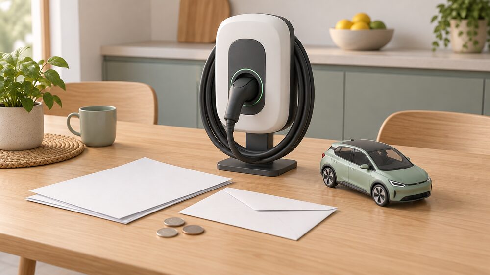 A small model of a home electric car charge point on a short stand with its coiled charging cable, placed beside blank paperwork, a plain envelope and a few coins on a kitchen table, with a small model car nearby.