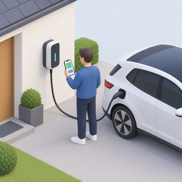 A simplified figure stands beside a wall-mounted home EV charger on a house exterior wall, holding a smartphone whose screen shows plain colour blocks representing a smart charging app, with a charging cable running from the charger toward an electric car.