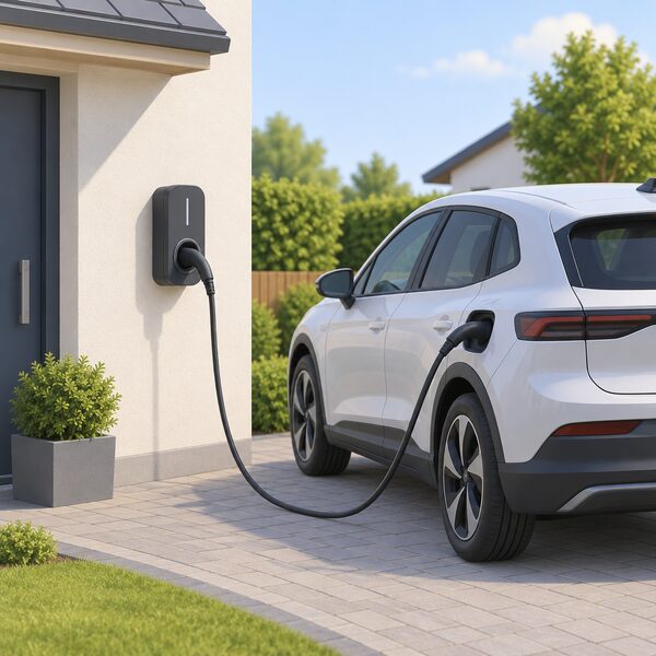 A wall-mounted home EV charge point beside a parked electric car, its charging cable plugged into both the unit and the car's socket, shown on a house driveway in daylight.