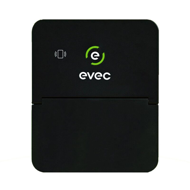 A black evec wall-mounted EV charger unit with green logo on a white background