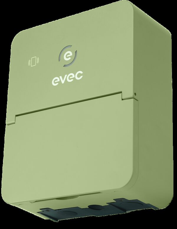 A sage-green evec electric vehicle wall charger shown at an angle on a white background