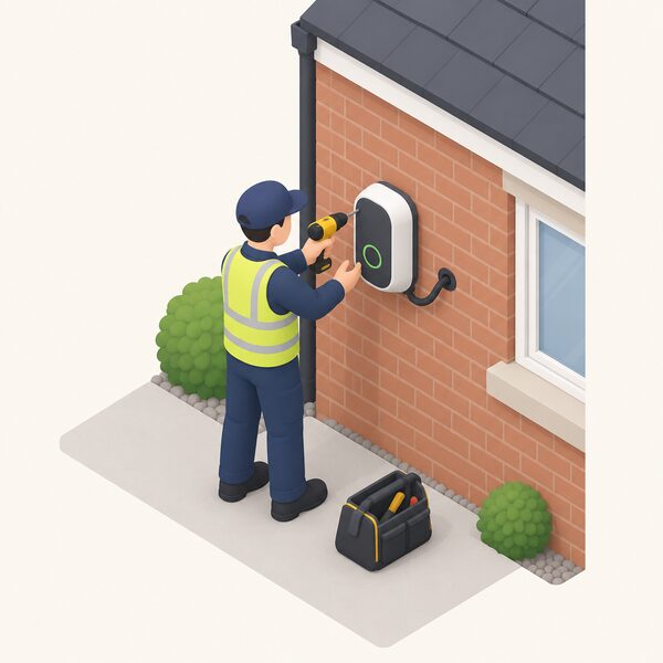 An isometric electrician in plain workwear drills and mounts a home EV chargepoint on the outside brick wall of a house, with a cable running from the unit into the wall and a drill and small tool bag on the ground beside them.