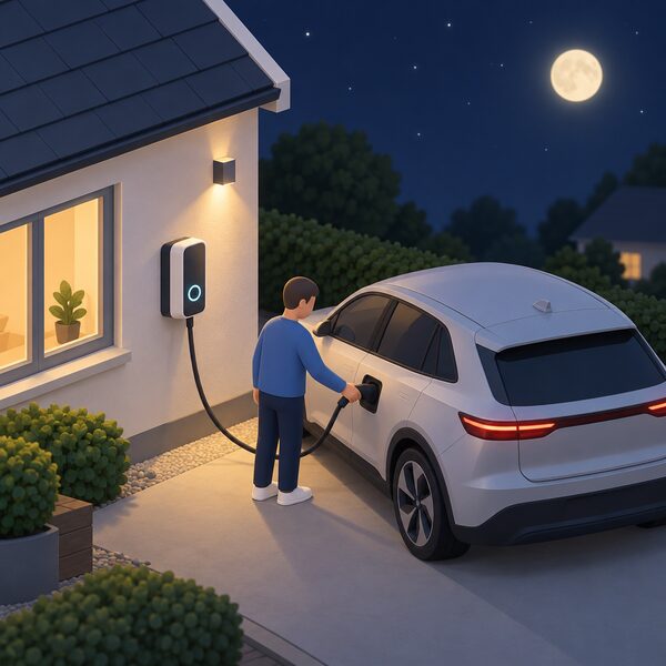A small isometric figure plugs a charging cable from a wall-mounted charger on the house drive into an electric car parked beside it at night, with a soft moon and dark sky indicating the cheap overnight charging window.