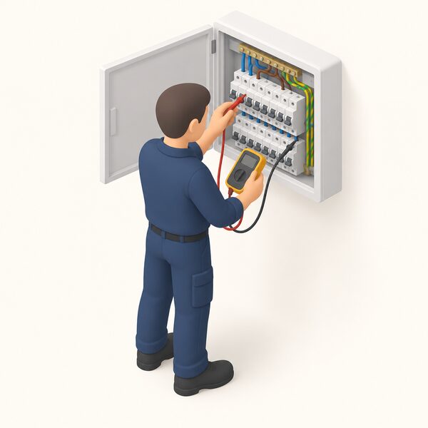 An electrician in plain work clothing stands at a household consumer unit with the door open, using a test instrument on the wiring inside, checking whether the home's electrical supply can support an EV charger before any fault is blamed on the charger itself.