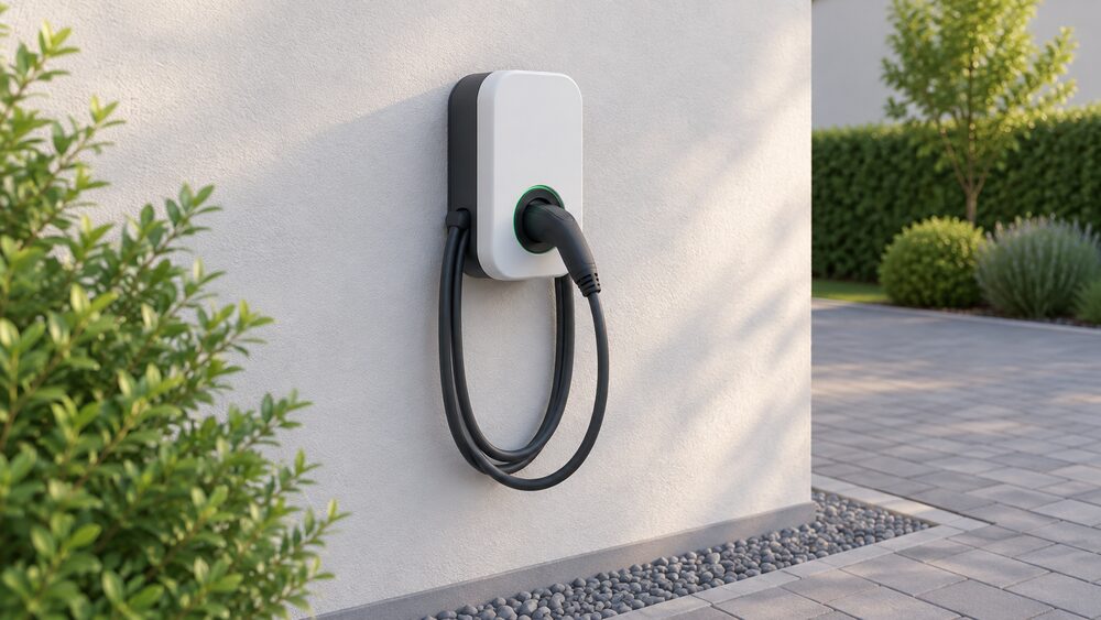 A close-up of a single EVlink domestic wallbox charger mounted on an outside wall beside a driveway, shown as a tethered unit with its charging cable and connector hanging ready, with no other equipment in view.