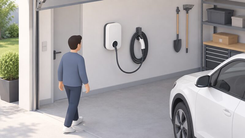 A white domestic EV wallbox mounted on an inside garage wall with its tethered charging cable coiled neatly on a hook beside it, drawn as a simple isometric scene with no branding or text.