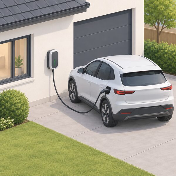 A wall-mounted home EV smart charger on the outside wall of a house beside a driveway, with an electric car parked next to it and a charging cable running from the unit to the car's charge port.