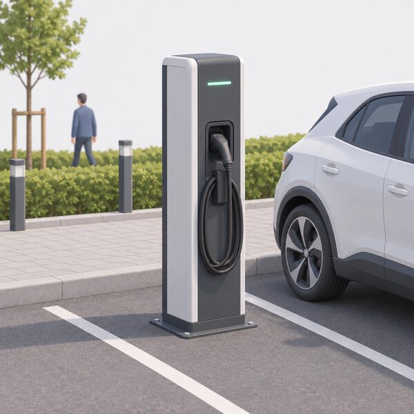 A commercial EVlink Pro AC charging station standing on a paved car park bay beside a parked car, drawn as a taller floor-mounted commercial unit with its charging cable holstered, shown plainly so the picture reads as the commercial charger whose firmware must be updated.