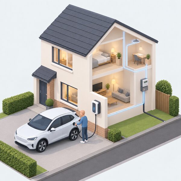 A small isometric figure plugs a charging cable from a wall-mounted home EV charger on the house's front wall into an electric car parked on the driveway, with the charger visibly connected to the household's electricity meter and supply running the rest of the house.