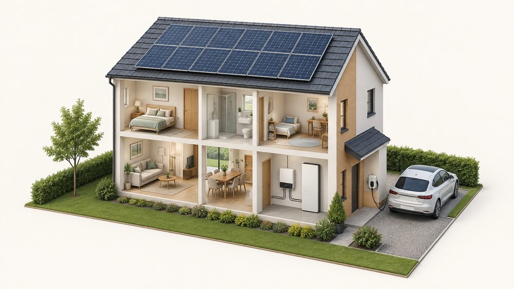 A cutaway house with solar panels on the roof, a slimline wall-mounted battery and hybrid inverter indoors in a utility space, and an EV charger wallbox with a cable on the outside wall beside the drive where a car is parked.