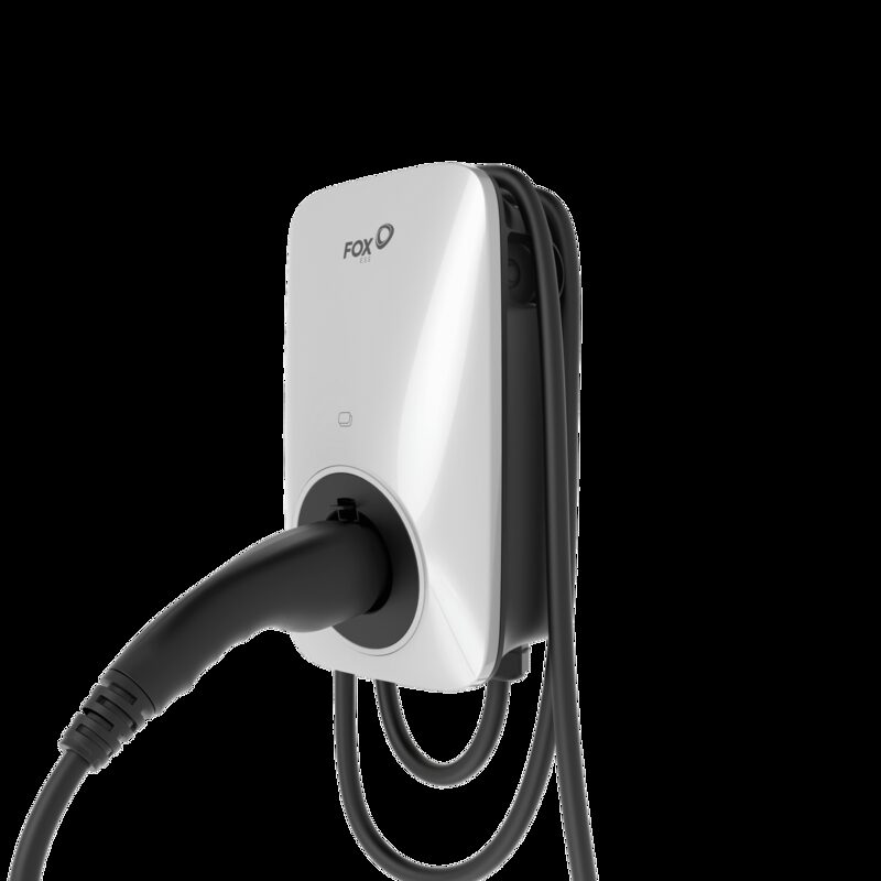 A white Fox ESS wall-mounted home EV charger with a black charging cable plugged into its socket
