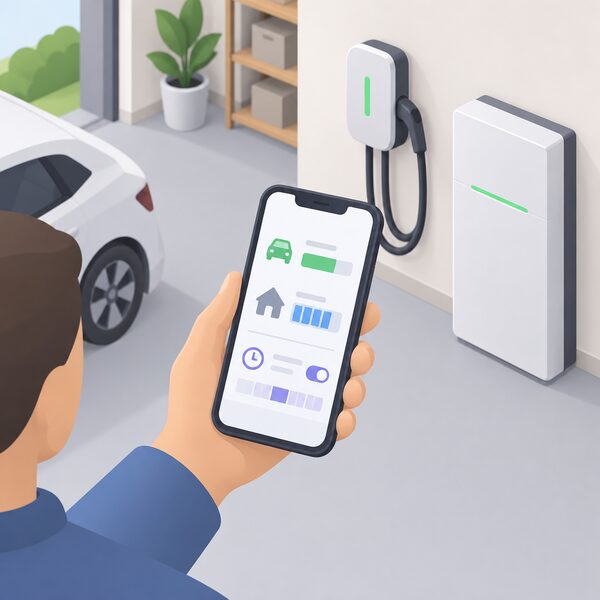 A hand holding a smartphone in a home setting, its screen showing a simplified dashboard with plain colour blocks and bars representing real-time EV charger and battery monitoring, with a wall-mounted EV charger and battery unit visible in the background.