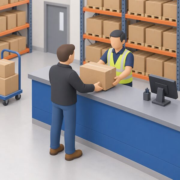 A trade buyer at a wholesale supplier's counter collecting a boxed Fox ESS EV charger, the sealed cardboard box on the counter or being handed over, with shelving of similar stock behind and no prices or labels shown.