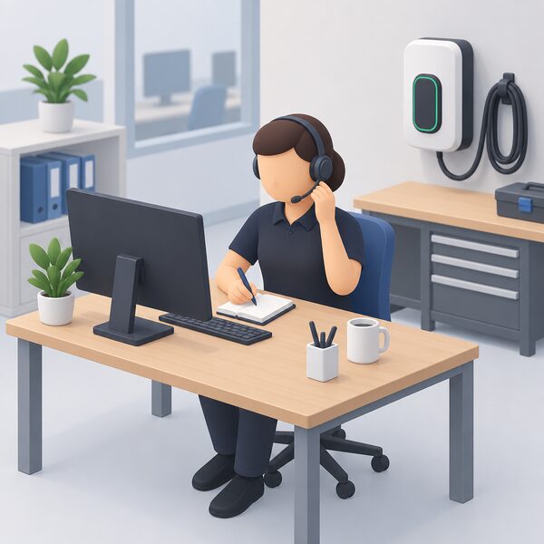 A technician seated at a desk in a UK national service centre, wearing a headset and speaking on a support call while taking notes, with a computer screen and a wall-mounted EV charger unit on a bench behind them.