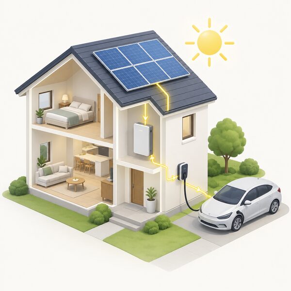 A cutaway-style house with solar panels on the roof, a battery on an inside wall and an EV charger on the outside wall, with a cable running to a parked electric car, showing surplus solar power flowing to the car.