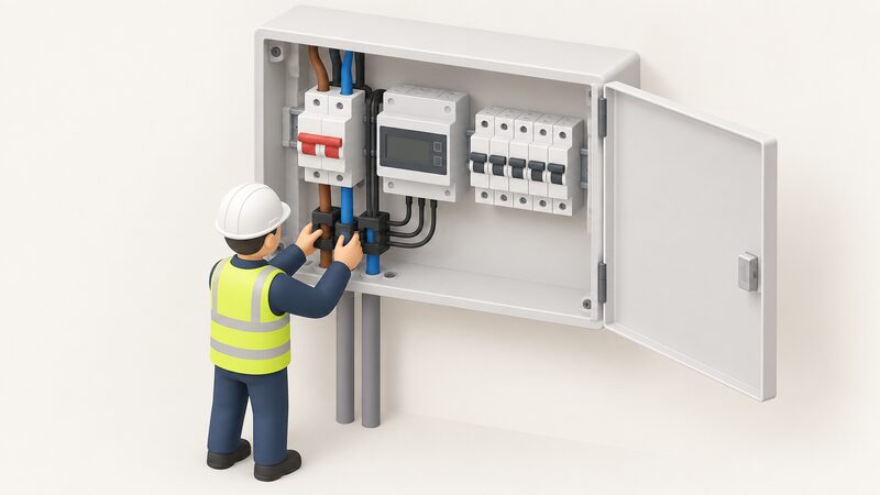 A domestic consumer unit with its door open, showing a Fronius Smart Meter mounted on the din rail beside the main incoming supply, with a small isometric installer figure clipping current transformers around the meter tails where they leave the unit.