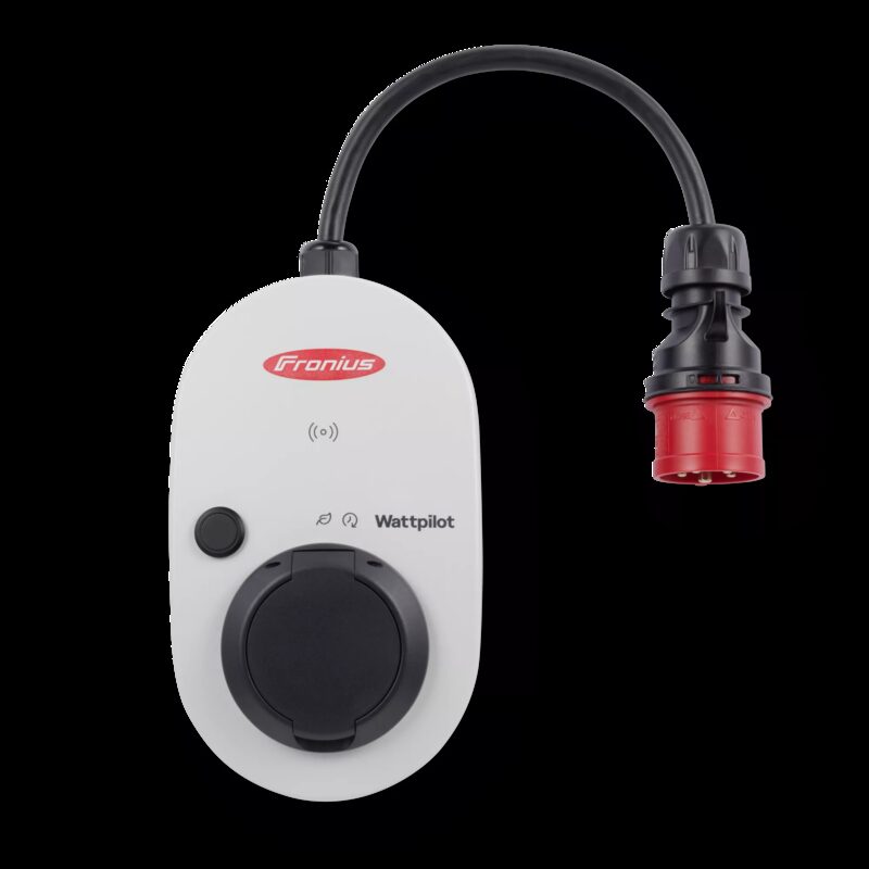 A Fronius Wattpilot EV charger unit with a black cable and red industrial plug on a white background