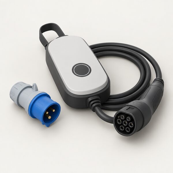 A portable Wattpilot Go charger lying on a flat surface with its Type 2 plug and cable coiled beside it, next to a separate CEE blue camping plug adapter, showing the adapter approach that lets the unit be used away from a fixed wall installation.