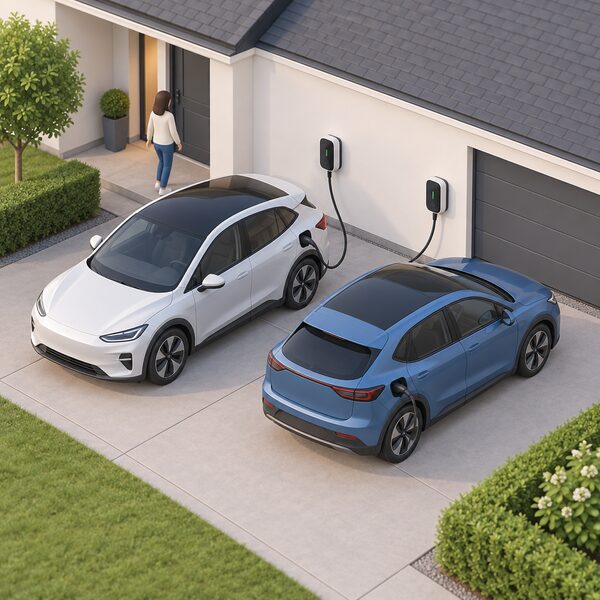 A home driveway with two electric cars parked side by side, each plugged in by a charging cable to a wall-mounted charger on the house wall, showing two vehicles charging at the same time.
