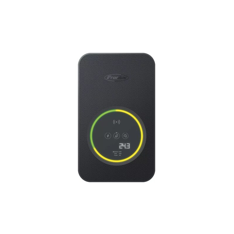 A Fronius Wattpilot EV charger, a black wall-mounted unit with a circular illuminated ring display