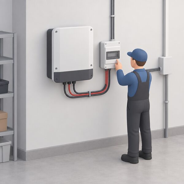 A wall-mounted solar inverter in a home utility space with a Fronius Smart Meter installed beside it at the grid feed-in point, their wiring connected, with a simplified isometric figure of an installer checking the meter's connection.