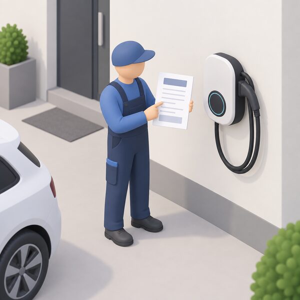 A specialist installer's simplified isometric figure stands at a wall-mounted EV charger holding out a completed commissioning protocol document, shown as a physical paper form with blank lines and plain blocks, anchoring the warranty start date.