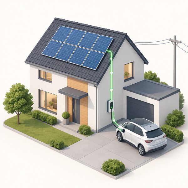 A home with solar panels on its roof, a wall-mounted EV charger on the house wall, and an electric car plugged into the charger on the driveway, with a simplified flow line running from the roof panels down the wall to the charger and into the car.