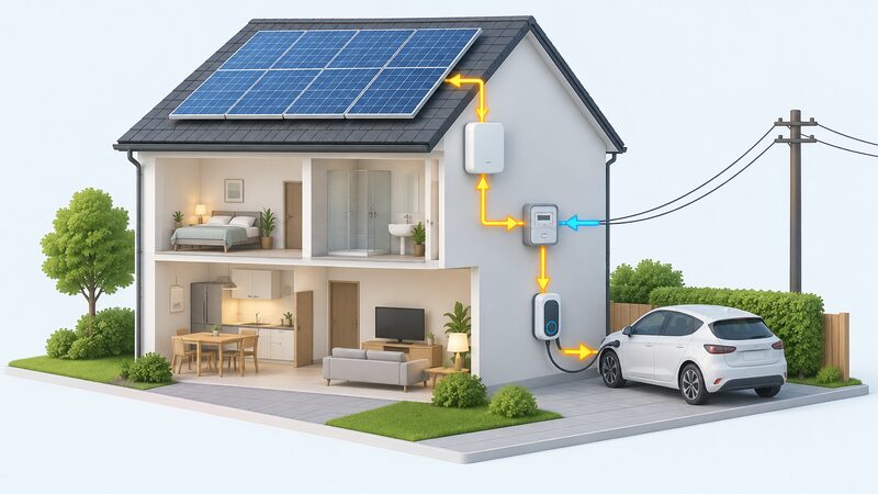 A simplified cutaway diagram of a house with rooftop solar panels, an inverter, a smart meter at the feed-in point and a wall-mounted EV charger, with arrows showing surplus solar power flowing to a car parked beside the charger.