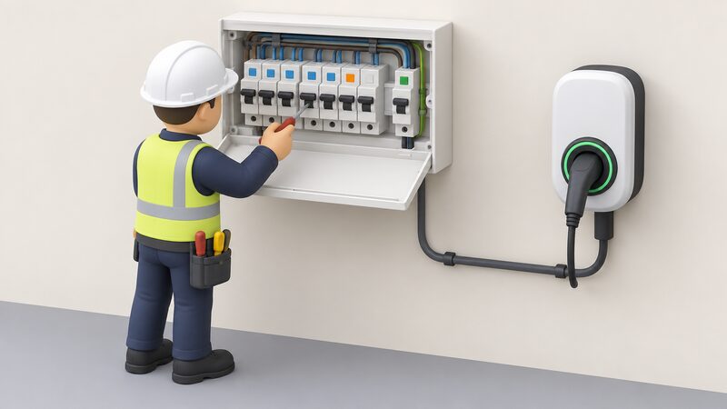An electrician's open FuseBox-style consumer unit with its front cover down, showing a row of breakers including one dedicated RCBO protecting a new EV charger circuit, with a cable leaving the board toward a wall-mounted charge point.