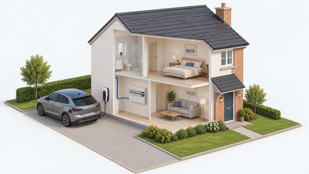 A cutaway of a house showing a wallbox EV charger mounted on the outside wall by the drive beside a parked electric car, with a cable running through the wall to a consumer unit with a spare protective device inside the home.