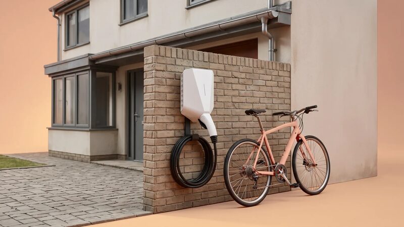 A white wall-mounted EV charge point with coiled cable on a brick wall beside a pink bicycle outside a house