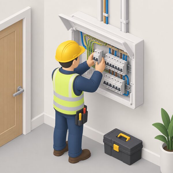 An electrician working at a home consumer unit, the fixed indoor board holding rows of protective devices, with the front cover open and the figure adding or checking a device on the DIN rail among the house circuit wiring.