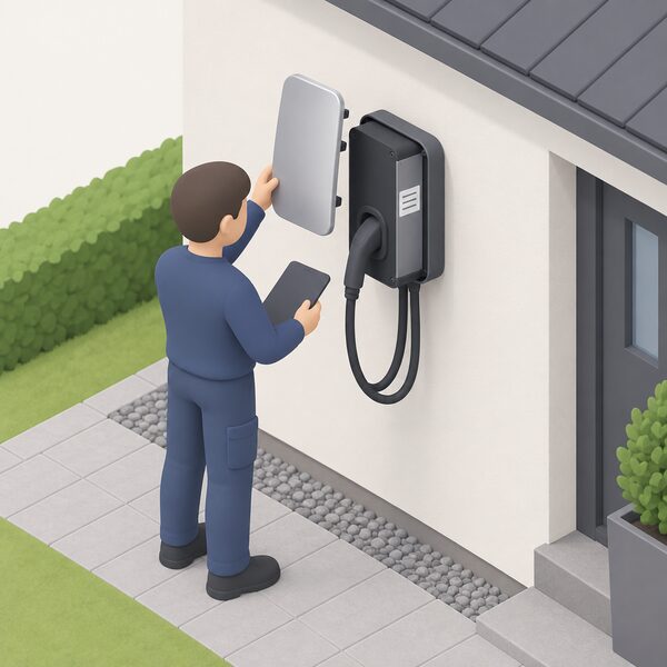 A small isometric figure of an installer standing outside a house with the wallbox's metal front panel lifted off, revealing a plain sticker on the side of the unit carrying the serial number as blank lines.